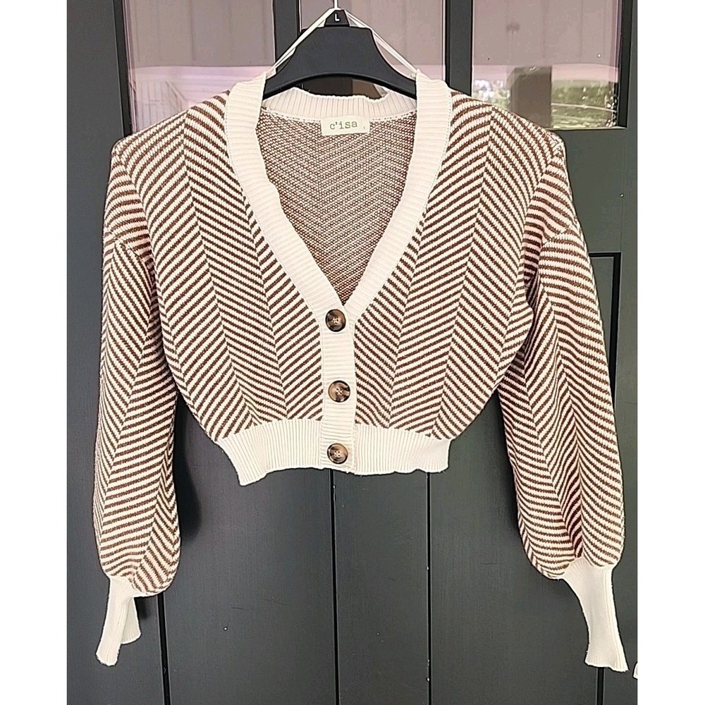 C'isa Brown and White Striped Button-Up Cardigan Balloon Sleeve Size Small